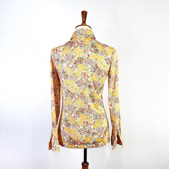 Vintage Ultriana Peach pattern button top 60s 70s pointed collar Size Medium - Picture 2 of 9